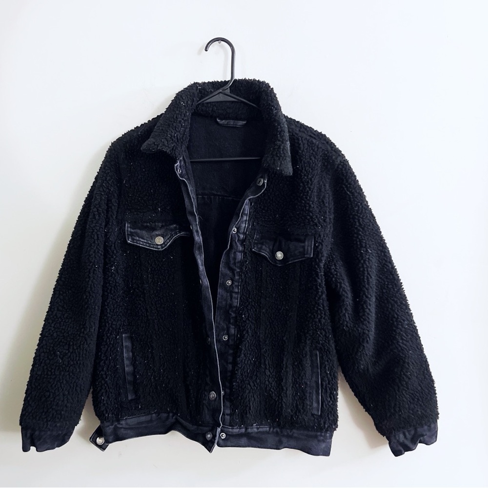 Vintage 90s Reversible Sherpa Denim Forever 21 Coat Jacket Grunge Biker Thrashed
